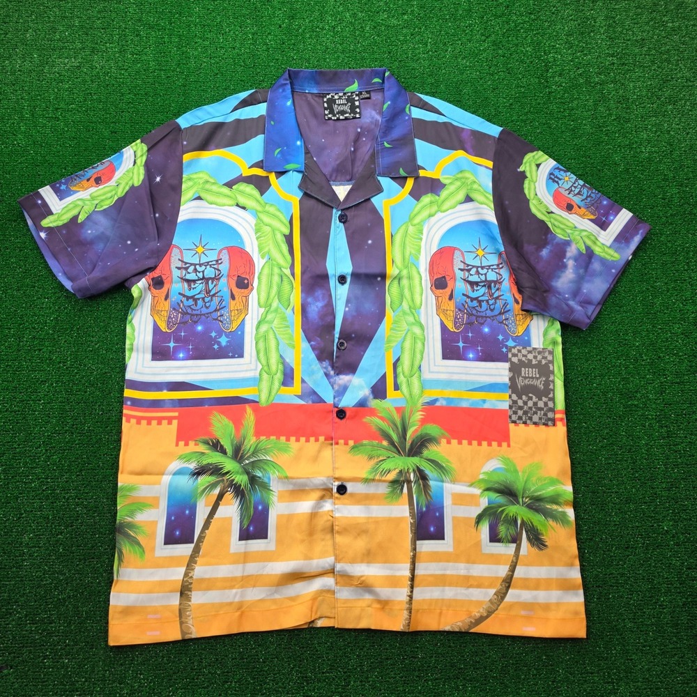 Rebel Vengeance Camp Shirt Mens XL Button Up Surrealist Skull Tropical Beach NWT